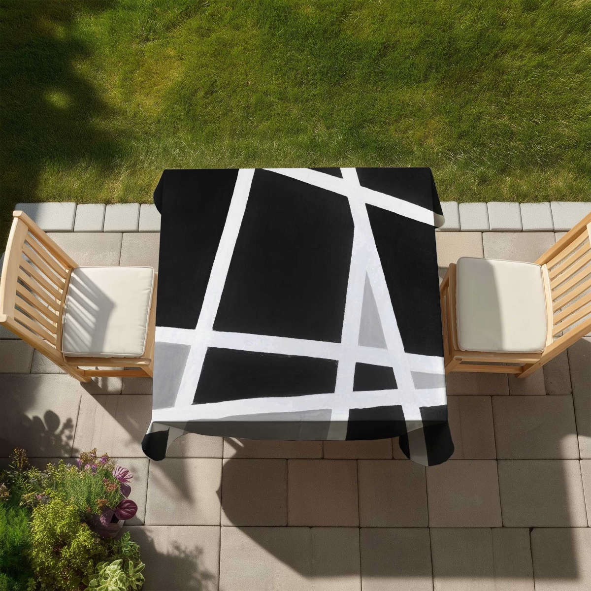 Picture of Begin Home Decor C1TC5858O61W4S 58 x 58 in. Black & White Abstract Lines Tablecloth - Indoor & Outdoor