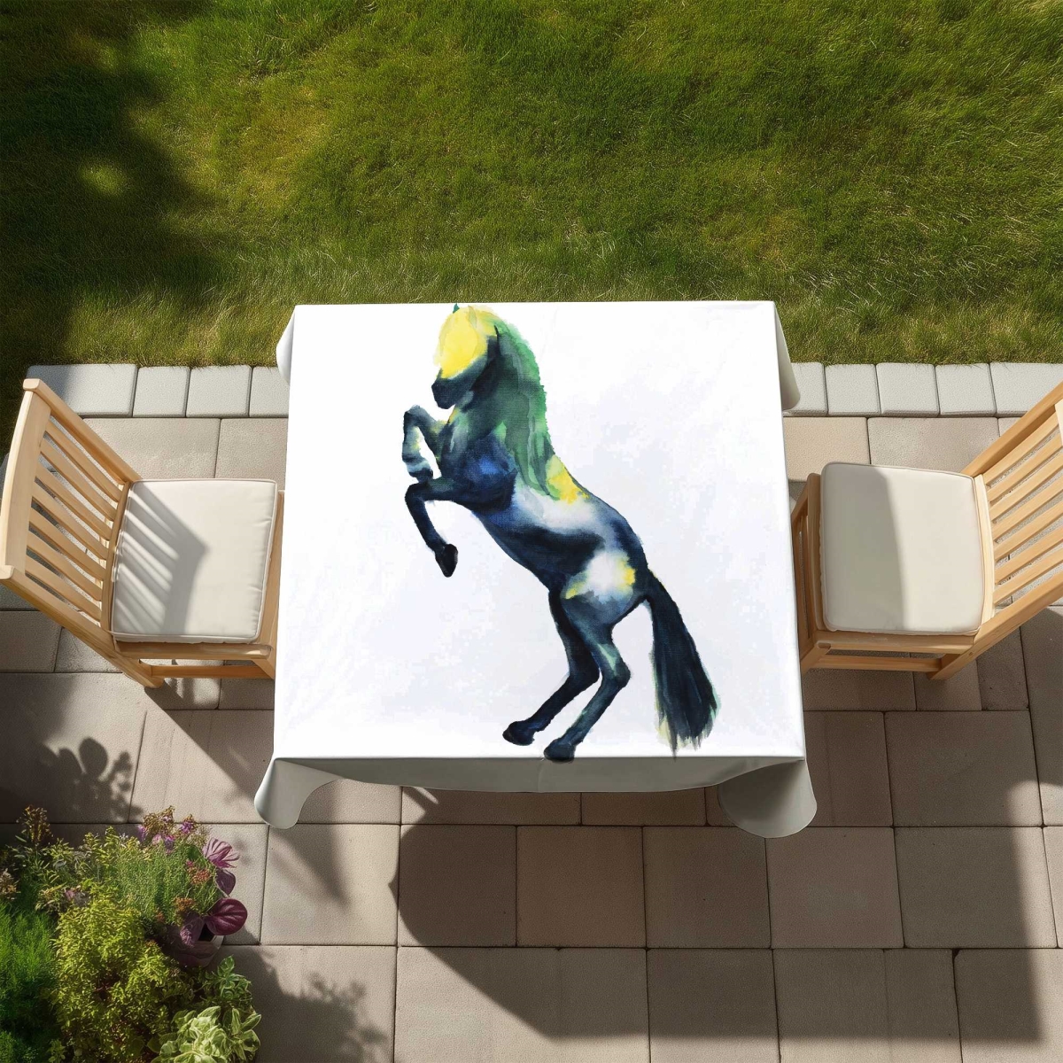 Picture of Begin Home Decor C1TC5858QUE9K1 58 x 58 in. Greeting Horse Yellow Horse Tablecloth - Indoor & Outdoor