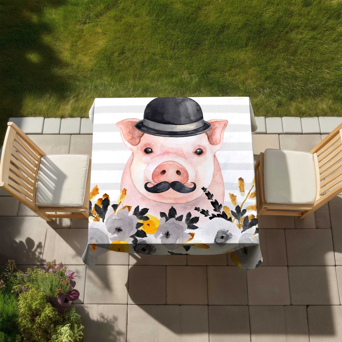 Picture of Begin Home Decor C1TC5858SVDEEN 58 x 58 in. Small Detective Pig Tablecloth - Illustrative Animals Decor