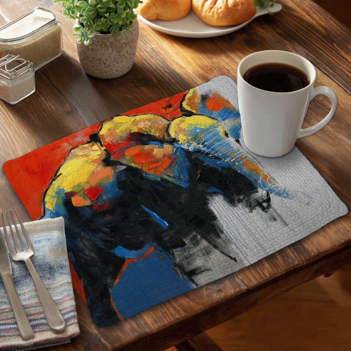 Picture of Begin Home Decor C4BP1418XG1LIQ 14 x 18 in. Colorful Abstract Moving Elephant - Braided Polyester Placemat - Set of 4