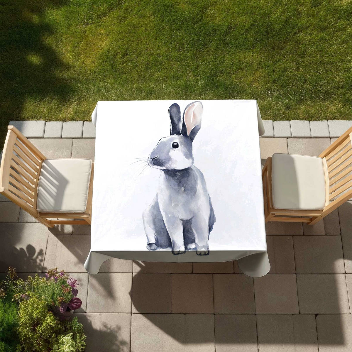Picture of Begin Home Decor C1TC5858GVXE3W 58 x 58 in. Gray Curious Rabbit - Scandinavian Tablecloth for Home Decor