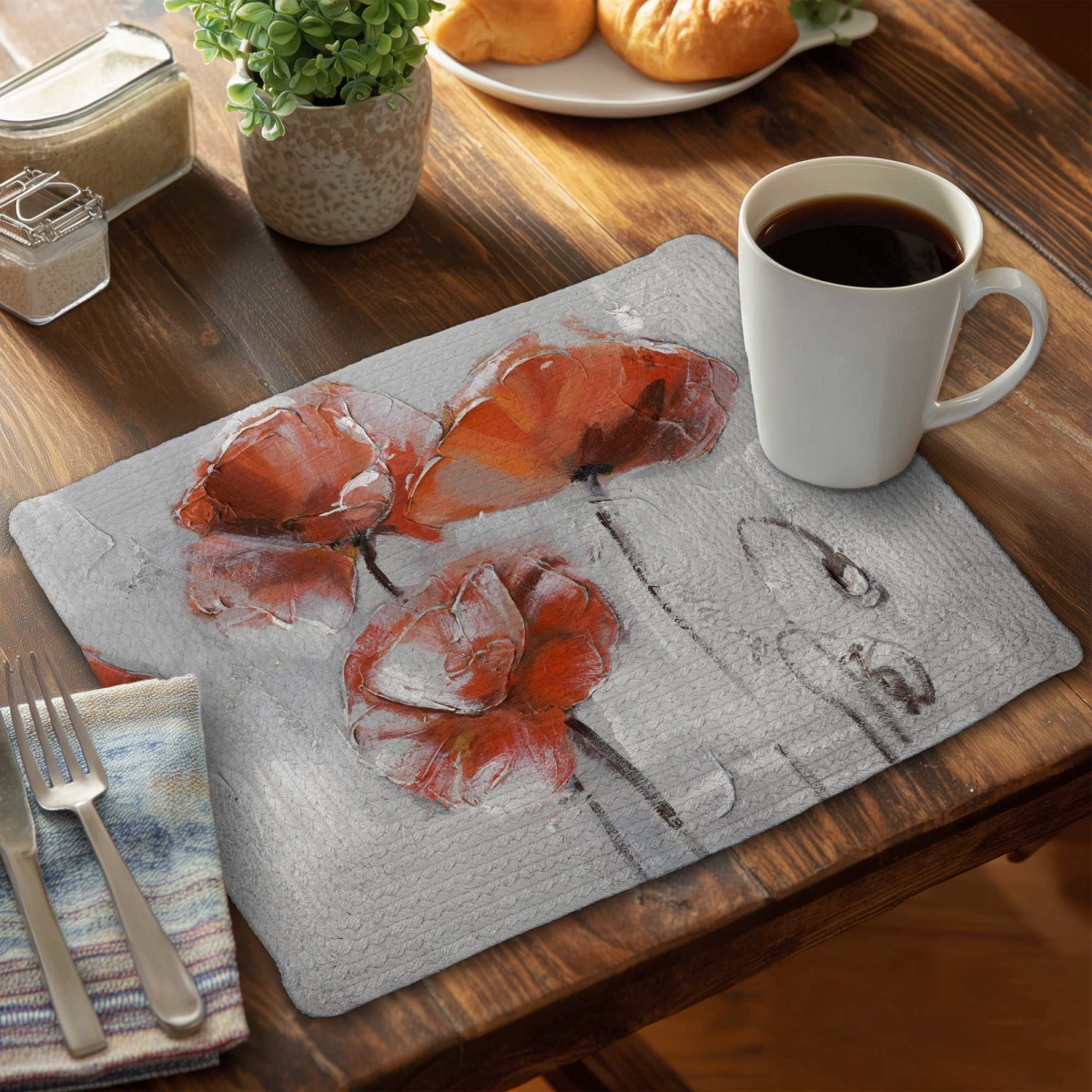 Picture of Begin Home Decor C4BP1418SIXP9K 14 x 18 in. Red Flowers Braided Polyester Placemat for Home Decor - Set of 4