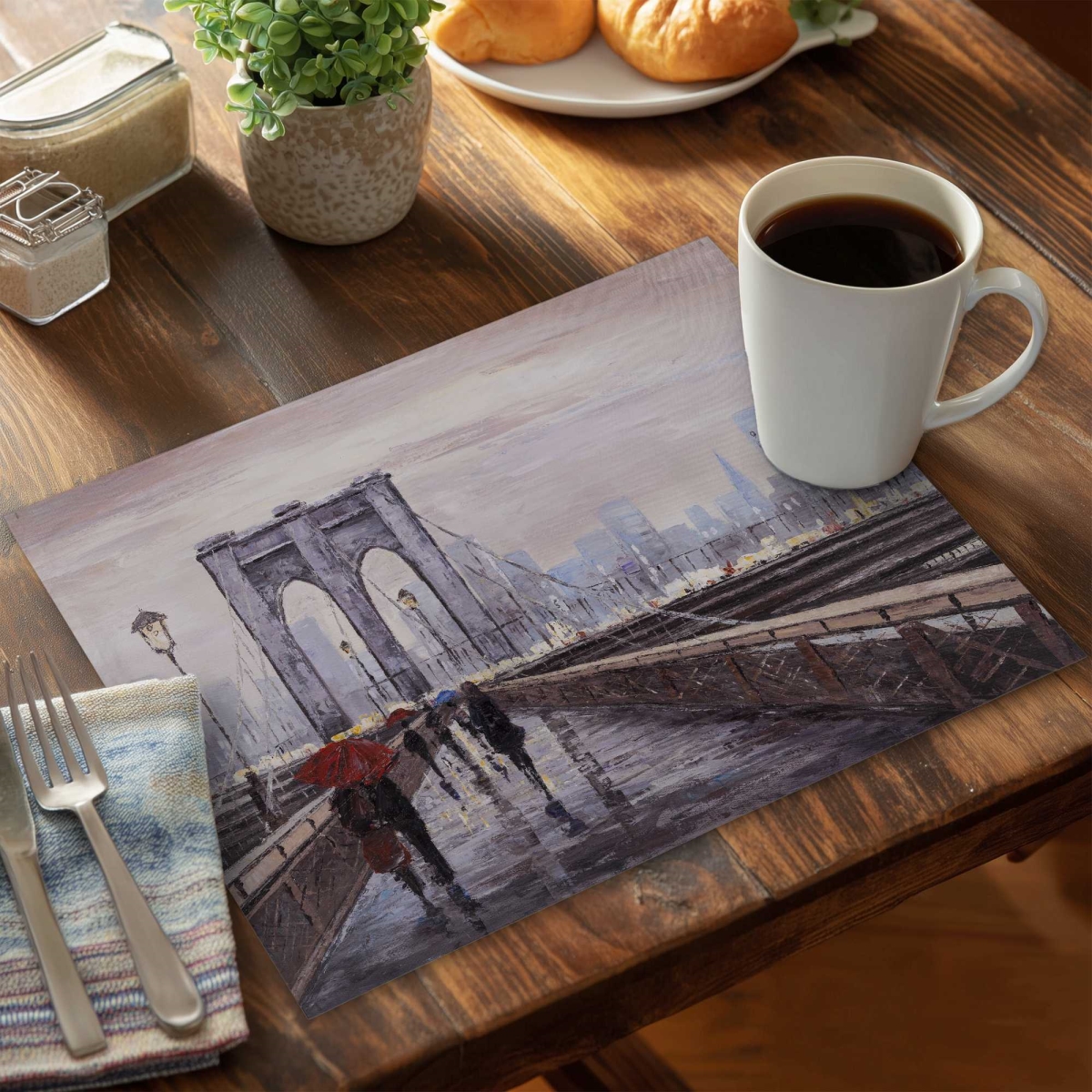 Picture of Begin Home Decor C6PP1418T290DS 14 x 18 in. Brooklyn Bridge Placemat - Polyester Decor with Passersby - Set of 6