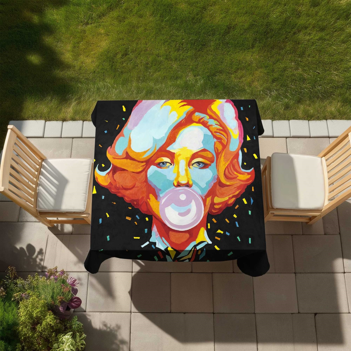 Picture of Begin Home Decor C1TC58581Q1IV0 58 x 58 in. Colorful Marilyn Monroe Bubblegum Tablecloth - Home Decor