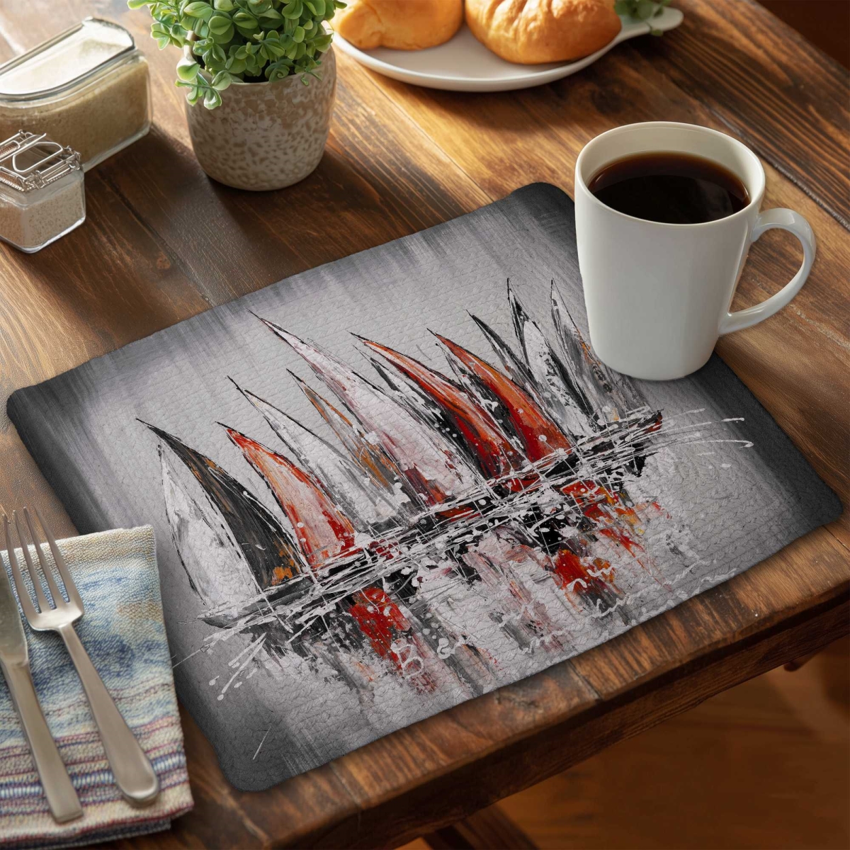 Picture of Begin Home Decor C4BP1418KATHK4 14 x 18 in. Sailboats with Paint Splash Braided Polyester Placemat - Set of 4