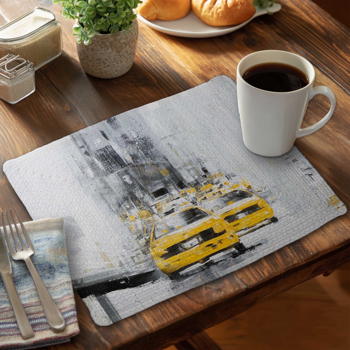 Picture of Begin Home Decor C4BP1418R3BN9U 14 x 18 in. Yellow Brooklyn Bridge Taxis Braided Polyester Placemat - Set of 4