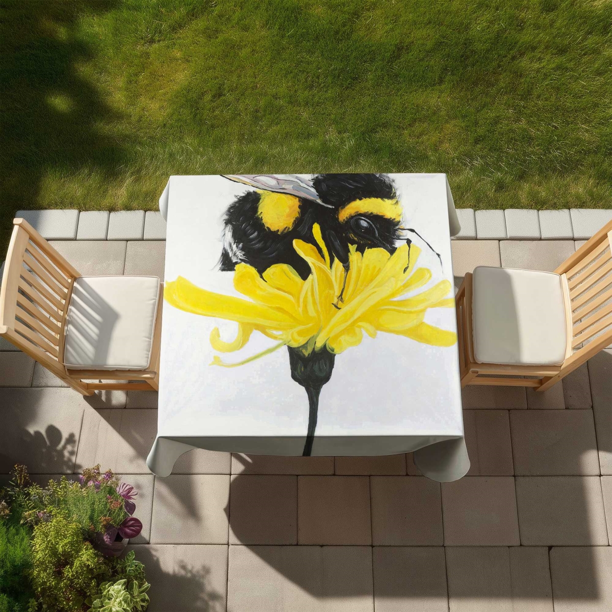 Picture of Begin Home Decor C1TC5858TXOFB5 58 x 58 in. Bumblebee on a Dandelion Tablecloth - Contemporary Animals