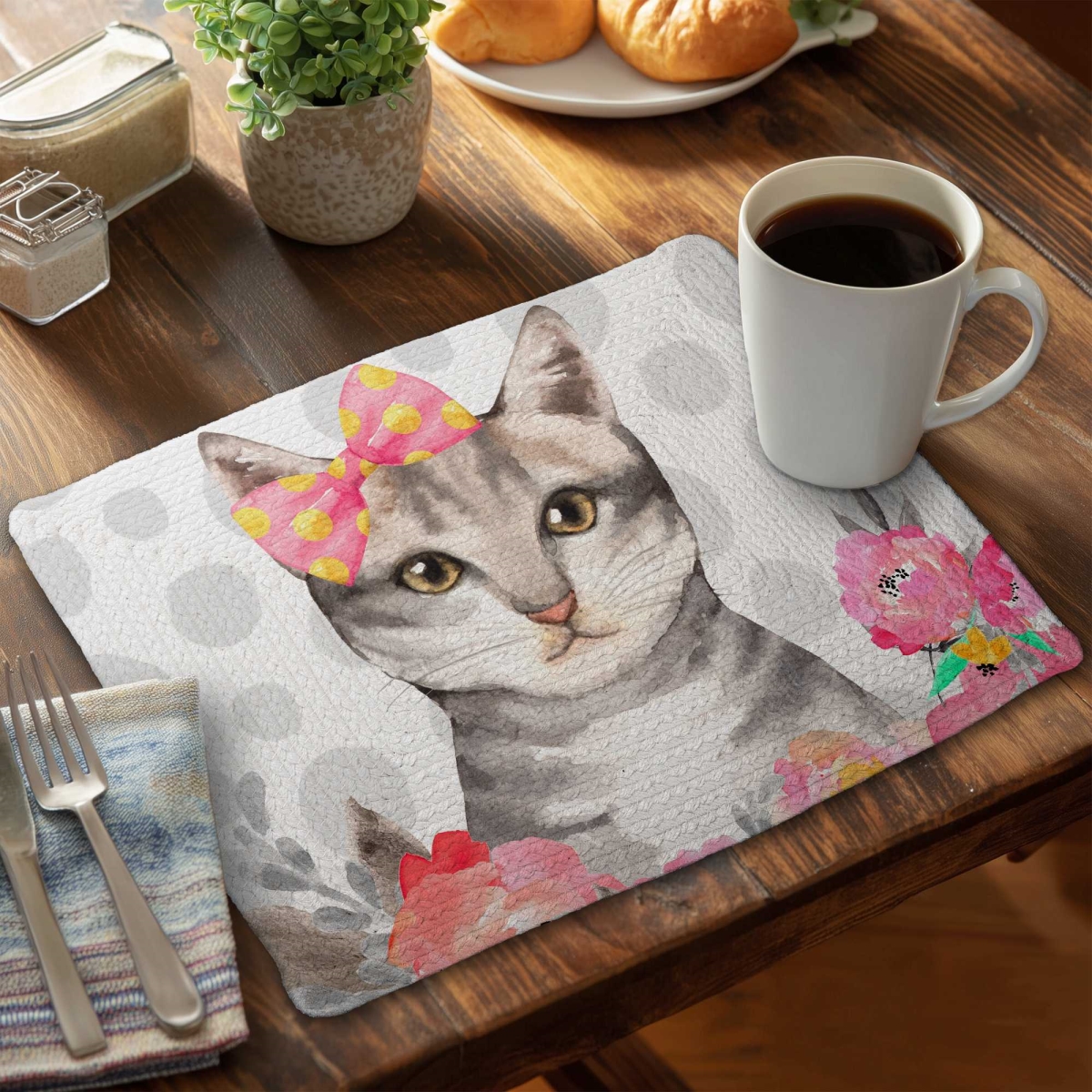 Picture of Begin Home Decor C6BP1418Z0BN2A 14 x 18 in. Charming Cat Braided Polyester Placemat for Home Decor - Set of 6