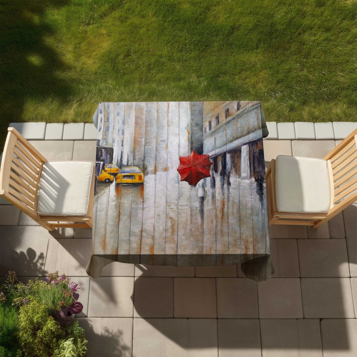 Picture of Begin Home Decor C1TC5858OL0G44 58 x 58 in. Red Umbrella in the Street Tablecloth - Scenic Indoor & Outdoor