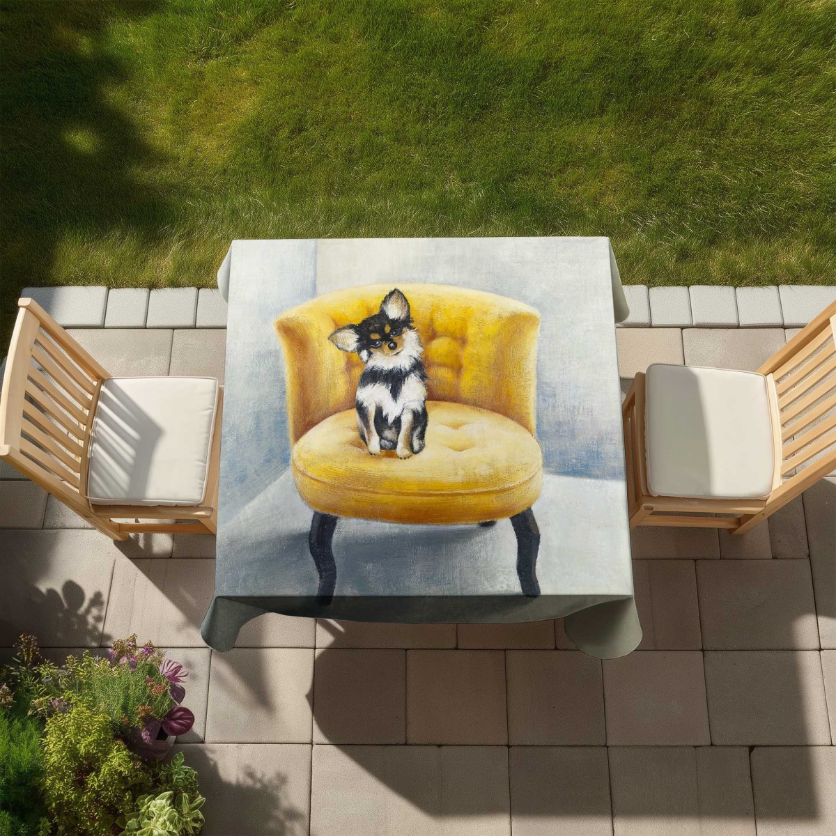 Picture of Begin Home Decor C1TC5858T9ZTDZ 58 x 58 in. Long-Haired Chihuahua on Yellow Armchair - Contemporary Tablecloth