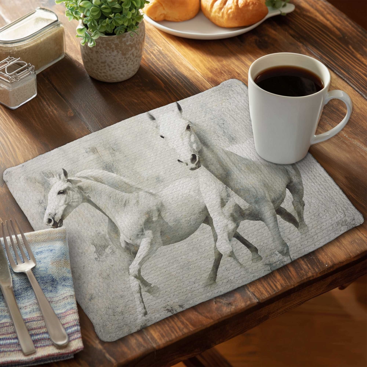 Picture of Begin Home Decor C4BP1418M4CZJW 14 x 18 in. Two White Horse Running Braided Polyester Placemat - Decor - Set of 4