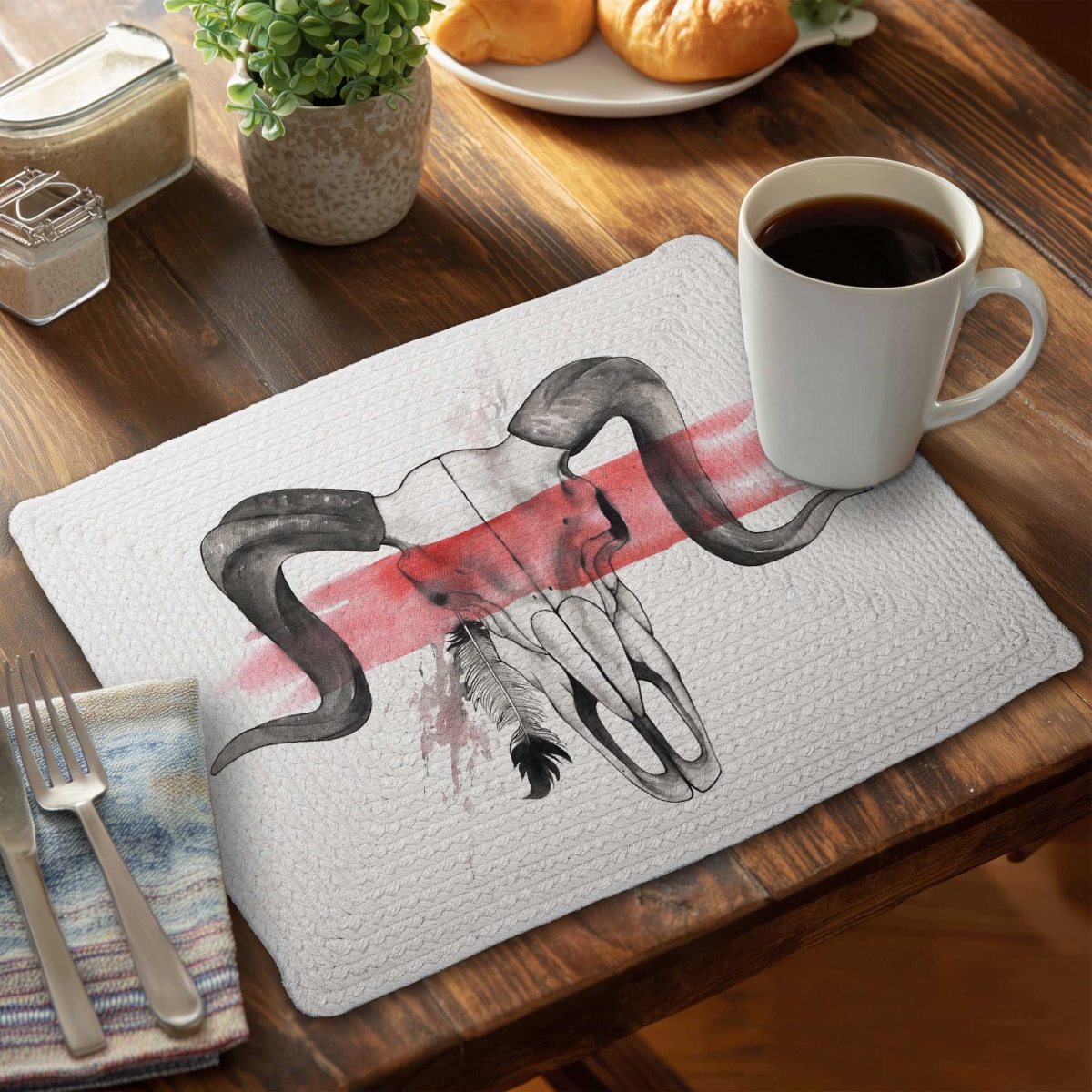 Picture of Begin Home Decor C4BP1418OHH61B 14 x 18 in. Aries Skull with Feather Braided Polyester Placemat - Decor - Set of 4