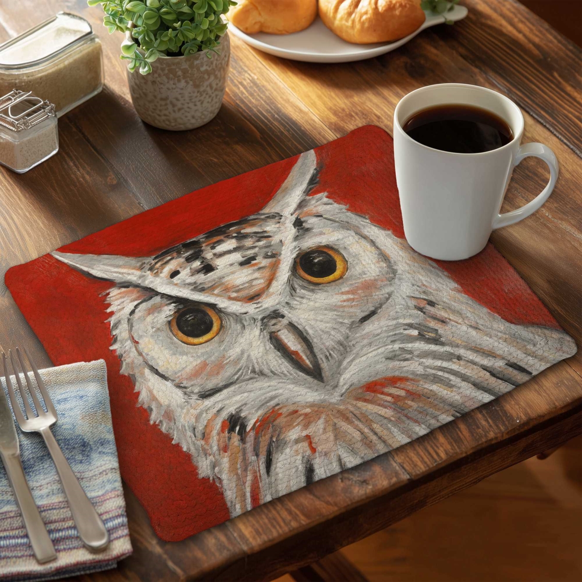 Picture of Begin Home Decor C4BP1418P0AYVE 14 x 18 in. Colorful Eagle Owl - Braided Polyester Placemat - Home Decor - Set of 4