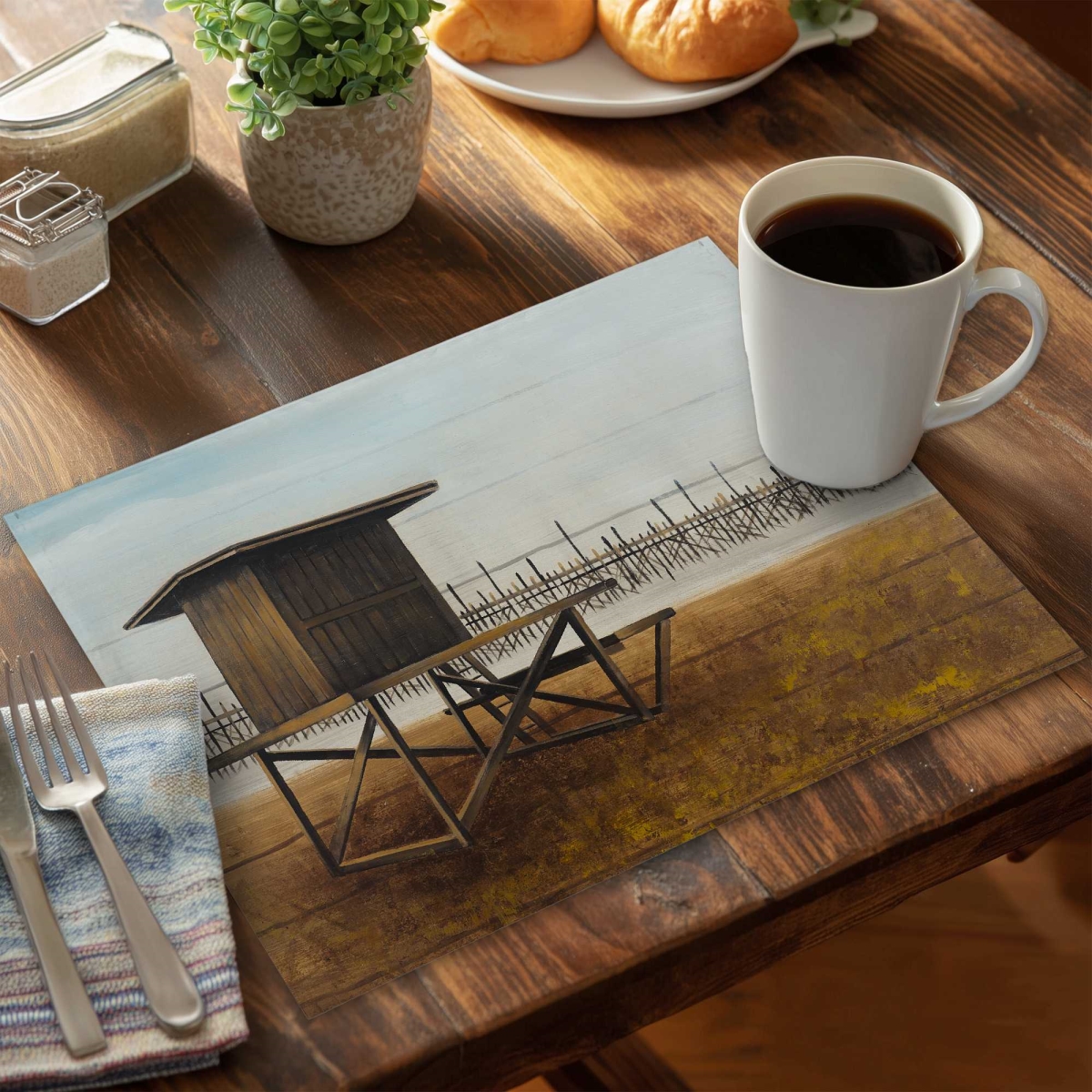 Picture of Begin Home Decor C4PP1418HLFJ3F 14 x 18 in. Port Beach Lifeguard Tower Polyester Placemat - Decor - Set of 4