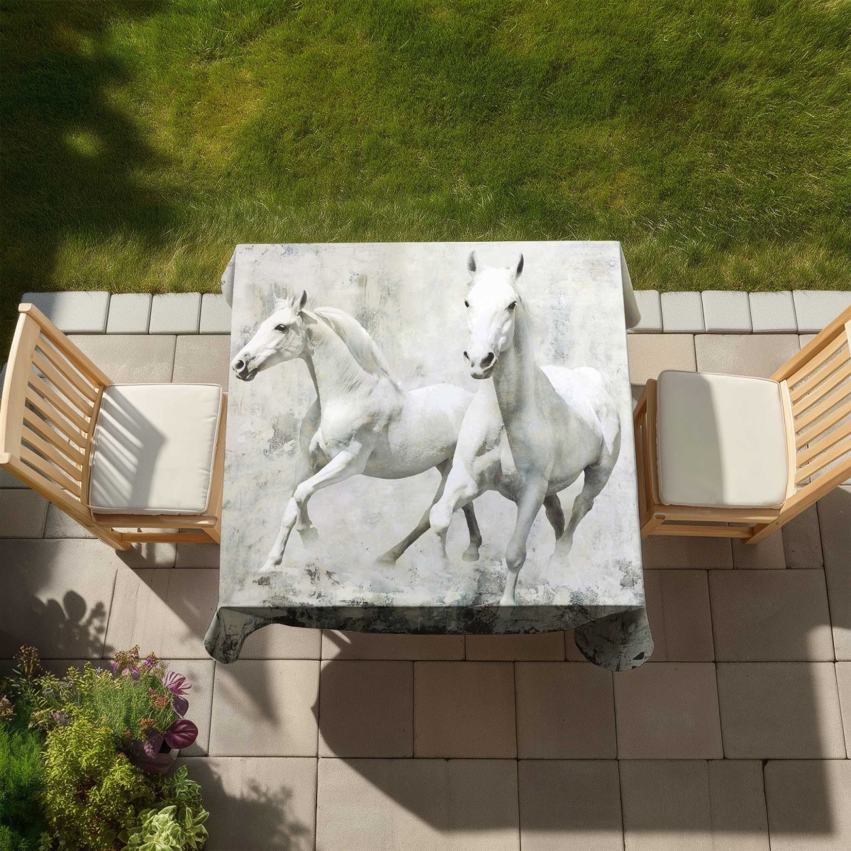 Picture of Begin Home Decor C1TC58585GJU3A 58 x 58 in. Two White Horse Running Tablecloth - Western Home Decor