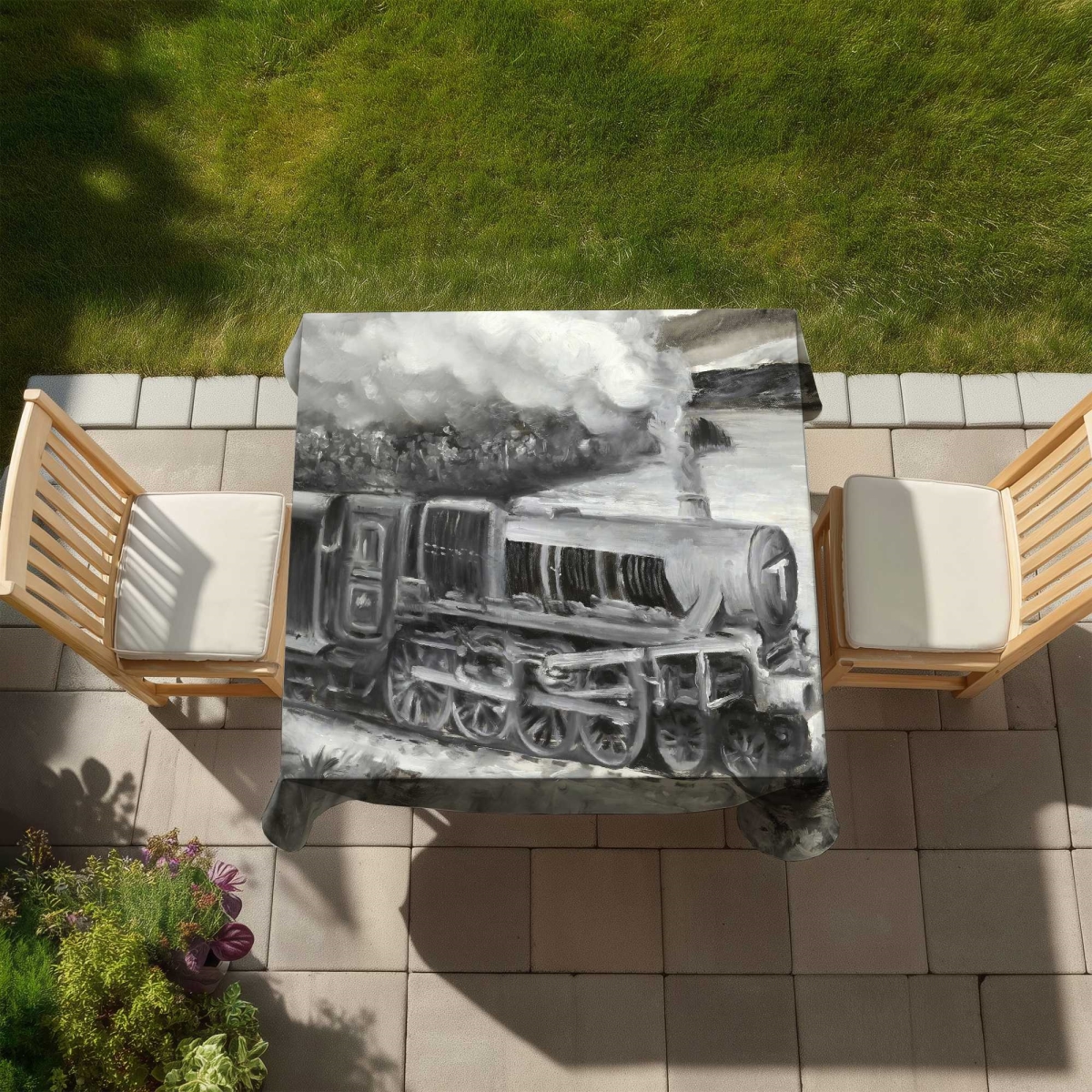Picture of Begin Home Decor C1TC58588IC9UL 58 x 58 in. Vintage Passenger Locomotive Tablecloth - Indoor & Outdoor