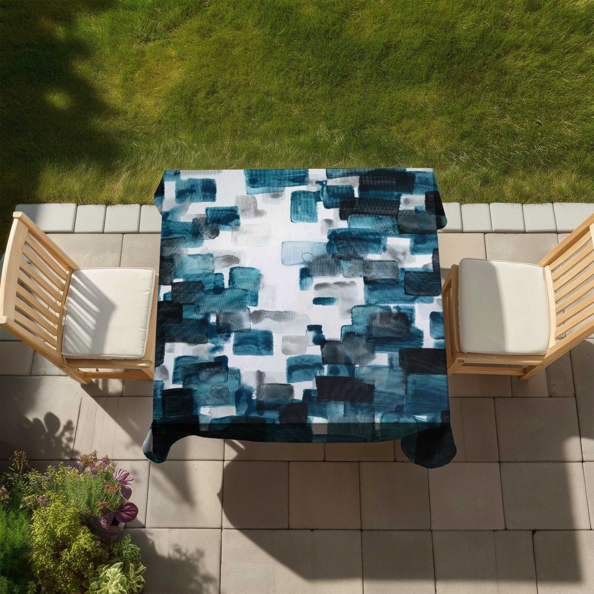 Picture of Begin Home Decor C1TC58588K03CS 58 x 58 in. Turquoise & Gray Shapes Tablecloth - Abstract Blue Decor