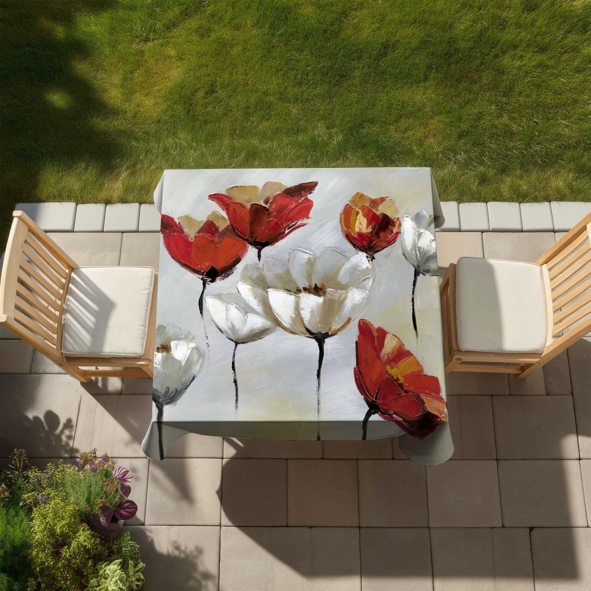 Picture of Begin Home Decor C1TC5858FRH7UQ 58 x 58 in. Abstract Red & White Flowers Tablecloth - Romantic Decor