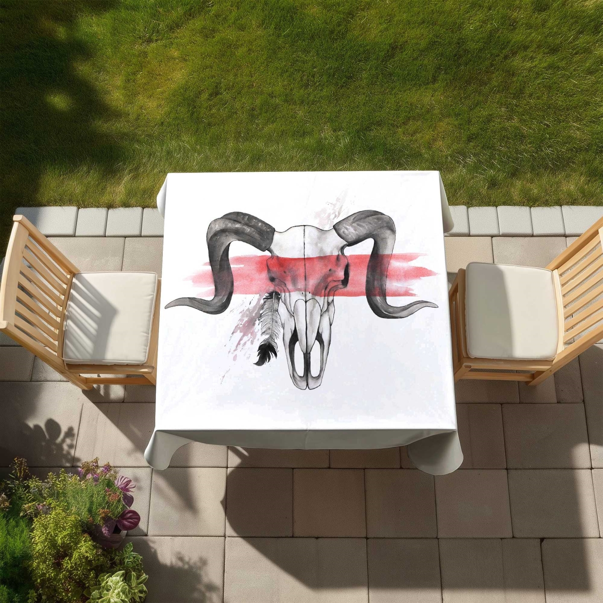 Picture of Begin Home Decor C1TC5858ITOFK0 58 x 58 in. Aries Skull with Feather Tablecloth - Indoor & Outdoor Decor