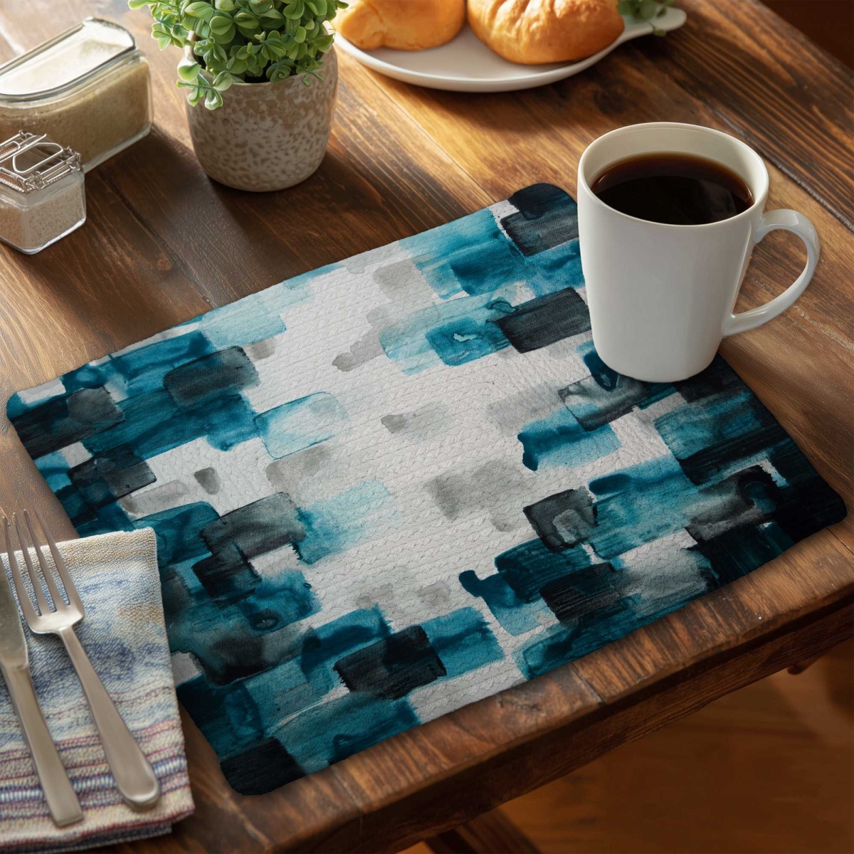 Picture of Begin Home Decor C6BP141868SMAR 14 x 18 in. Turquoise & Gray Square Braided Polyester Placemat - Set of 6
