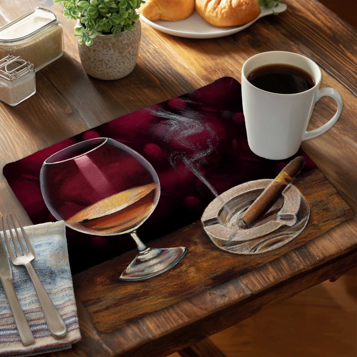 Picture of Begin Home Decor C6BP14184HBKQ7 14 x 18 in. Braided Polyester Placemats - Alcohol & Cigar Decor Set - Set of 6