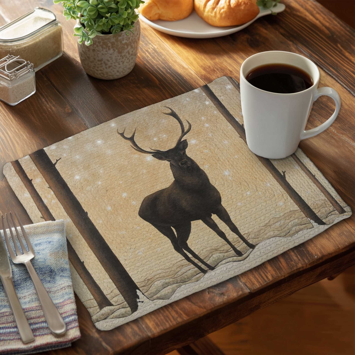 Picture of Begin Home Decor C6BP14185BQOHO 14 x 18 in. Roe Deer in Winter Braided Polyester Placemat - Home Decor - Set of 6