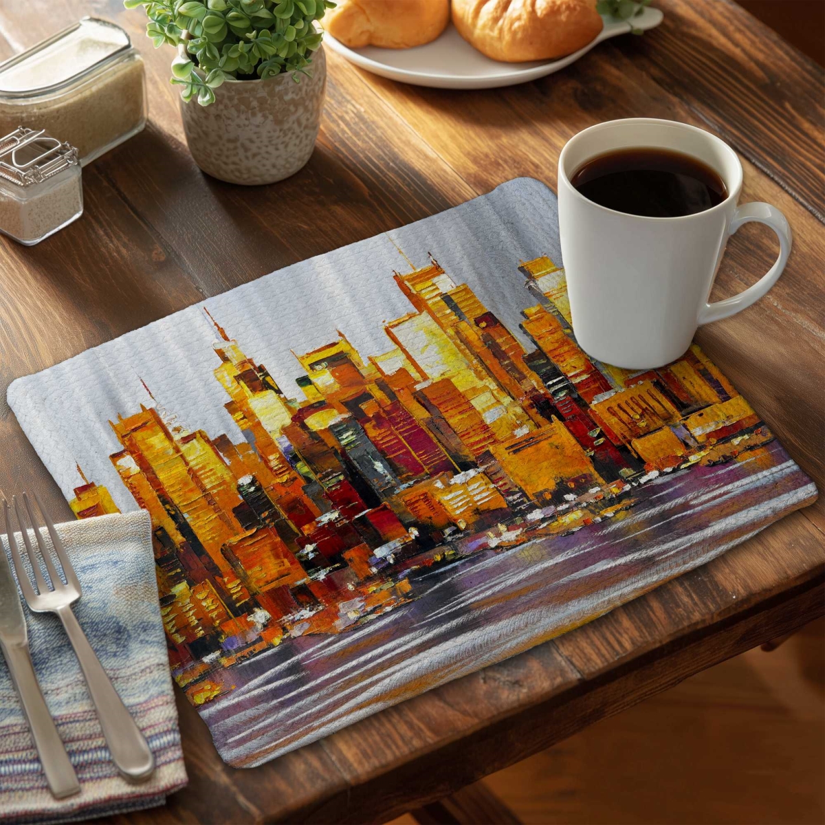 Picture of Begin Home Decor C6BP14186Y44EP 14 x 18 in. Orange Buildings Braided Polyester Placemat - Home Decor - Set of 6