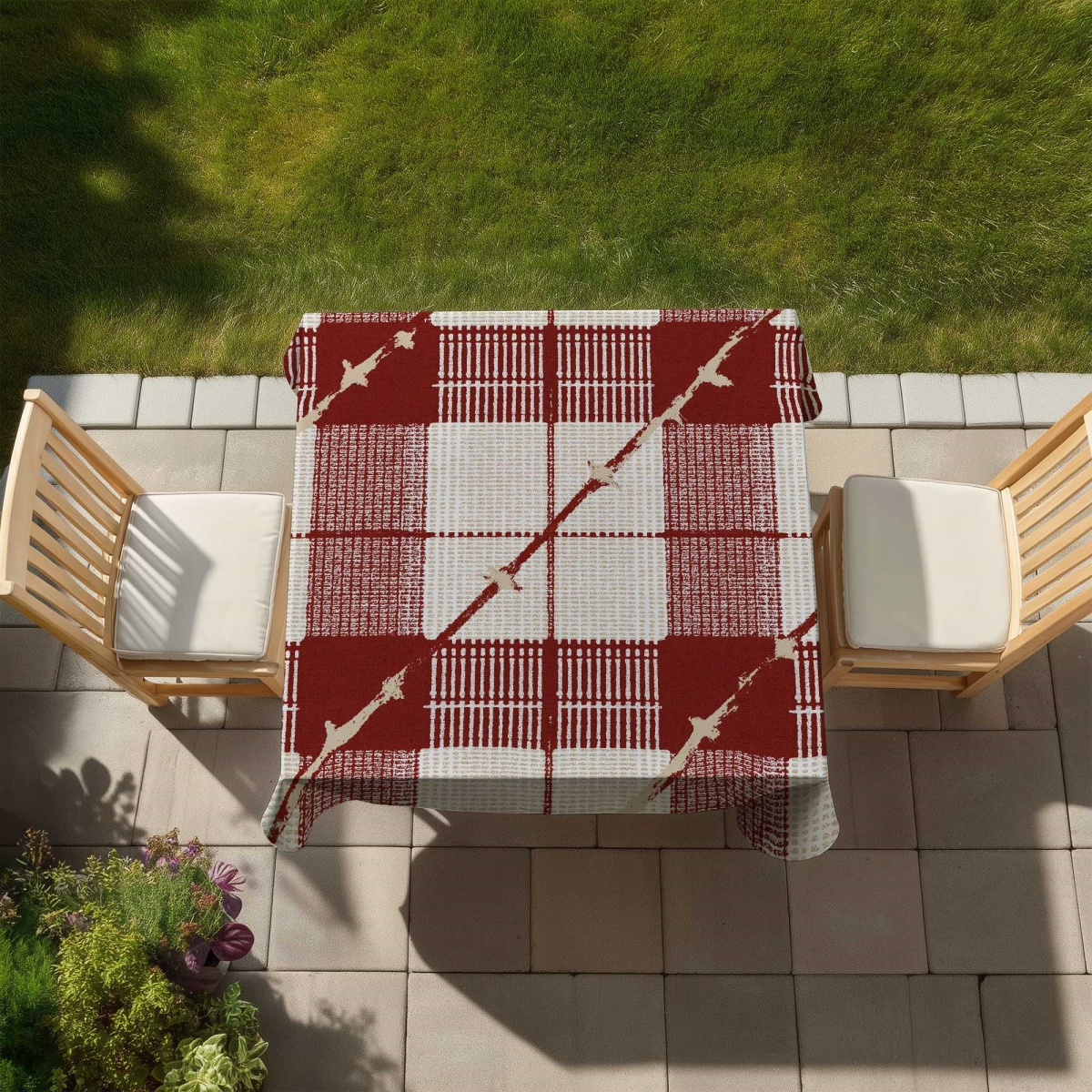 Picture of Begin Home Decor C1TC5858C4GMG7 58 x 58 in. Red Square Pattern Beige Tablecloth for Indoor & Outdoor Use