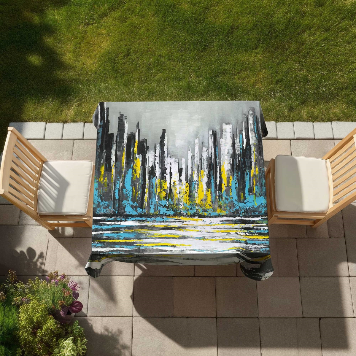 Picture of Begin Home Decor C1TC5858GVV3OK 58 x 58 in. Abstract Blue Skyline Tablecloth - Cities Building Decor