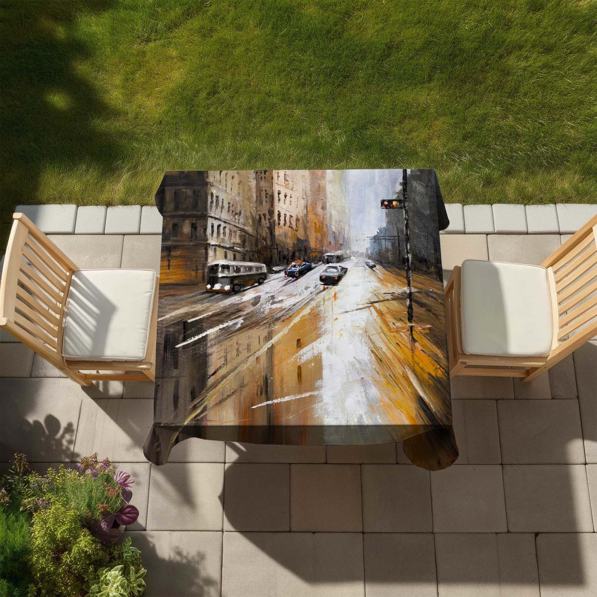 Picture of Begin Home Decor C1TC5858LFY91X 58 x 58 in. Abstract City Street Tablecloth - Beige Indoor & Outdoor Decor