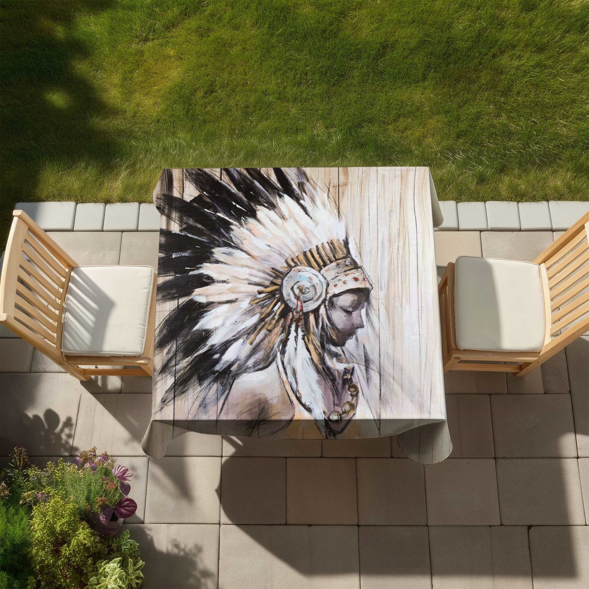 Picture of Begin Home Decor C1TC5858NVN0F4 58 x 58 in. Indian Chief Headdress Tablecloth - Woman Home Decor