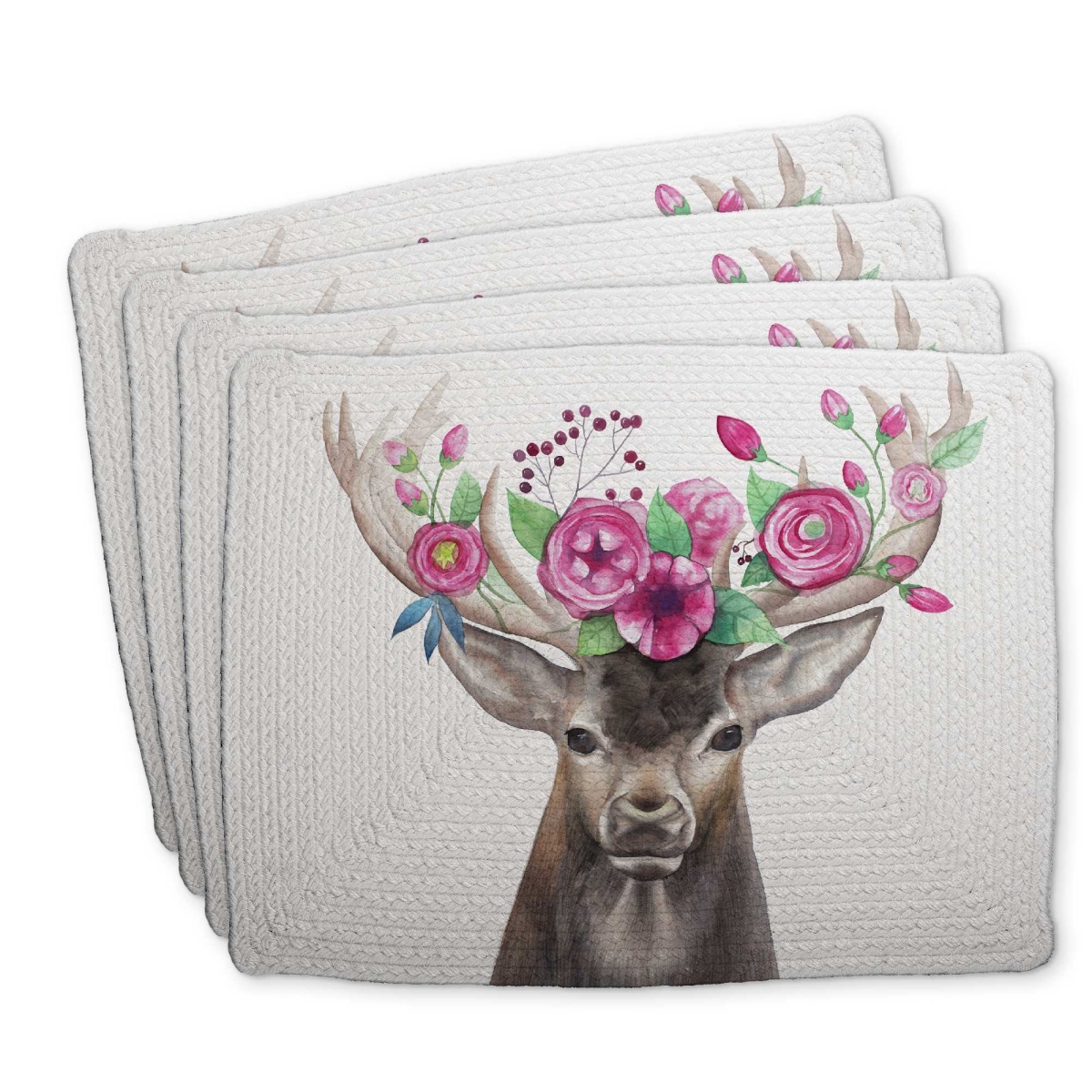 Picture of Begin Home Decor C4BP141832SKHR 14 x 18 in. Deer Head with Flowers Braided Polyester Placemat - Decor - Set of 4