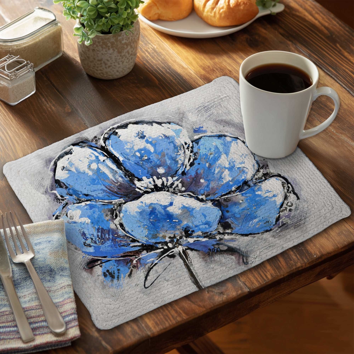 Picture of Begin Home Decor C4BP14185OOWWN 14 x 18 in. Abstract Blue Petals Braided Polyester Placemat - Home Decor - Set of 4