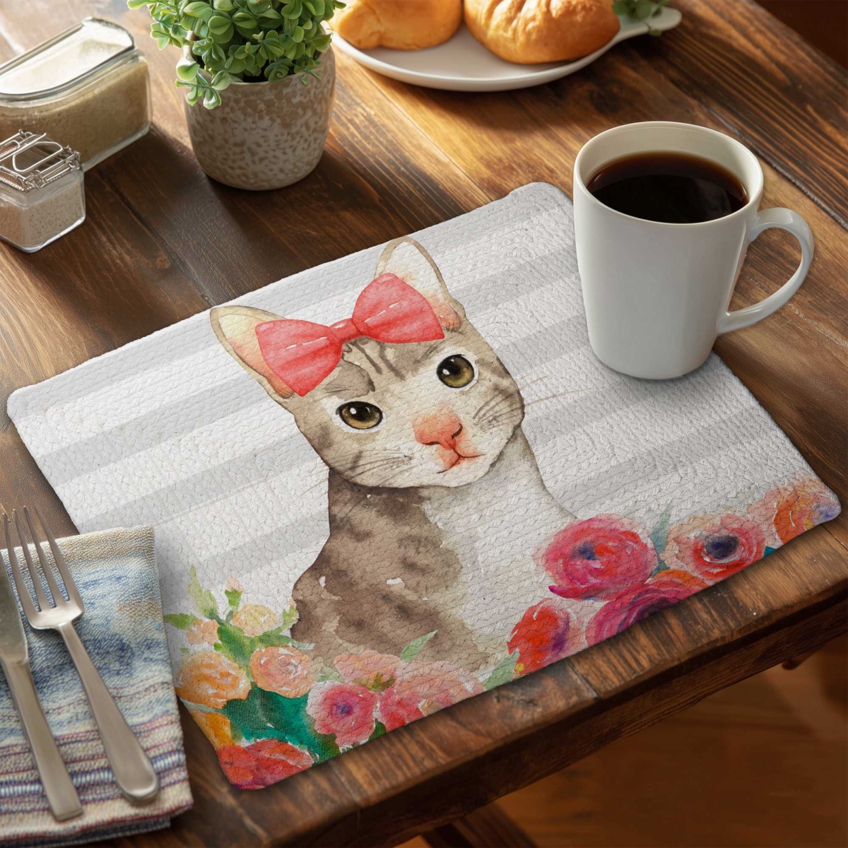 Picture of Begin Home Decor C4BP1418KV7XC0 14 x 18 in. Small Cat with Flowers - Braided Polyester Placemat - Decor - Set of 4