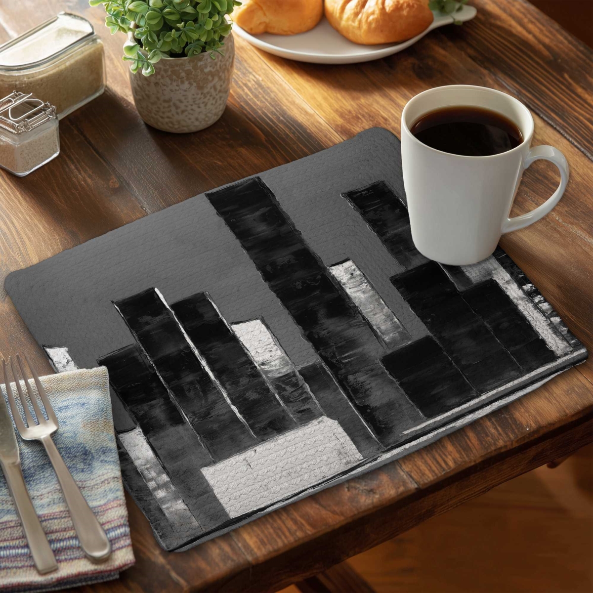 Picture of Begin Home Decor C6BP14180U4CGS 14 x 18 in. Abstract Black & White Buildings Braided Polyester Placemat - Set of 6