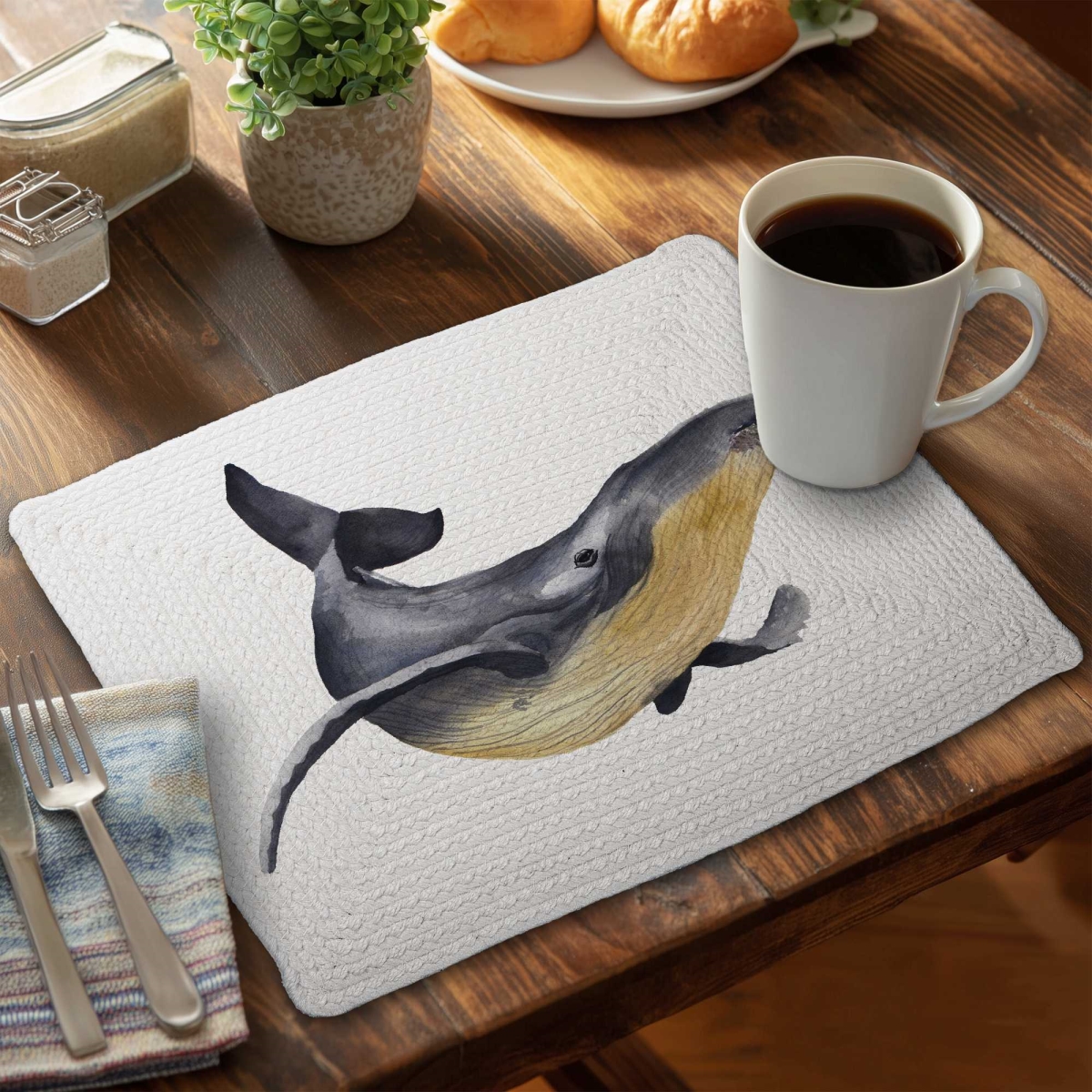 Picture of Begin Home Decor C4BP1418XM05SC 14 x 18 in. Watercolor Blue Whale Braided Polyester Placemat - Decor - Set of 4