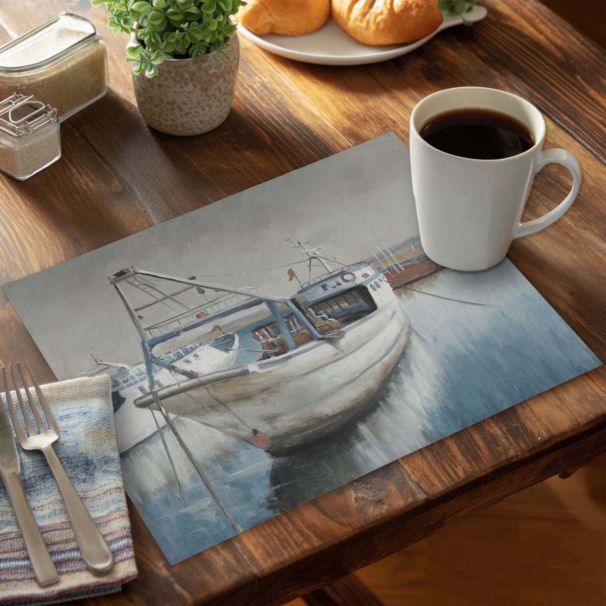 Picture of Begin Home Decor C4PP14180HQFDM 14 x 18 in. Fishing Boat Desaturated Polyester Placemat - Home Decor - Set of 4