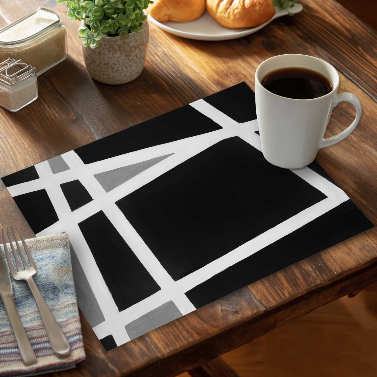 Picture of Begin Home Decor C4PP1418CR6DDN 14 x 18 in. Black & White Abstract Shapes Polyester Placemat - Decor - Set of 4