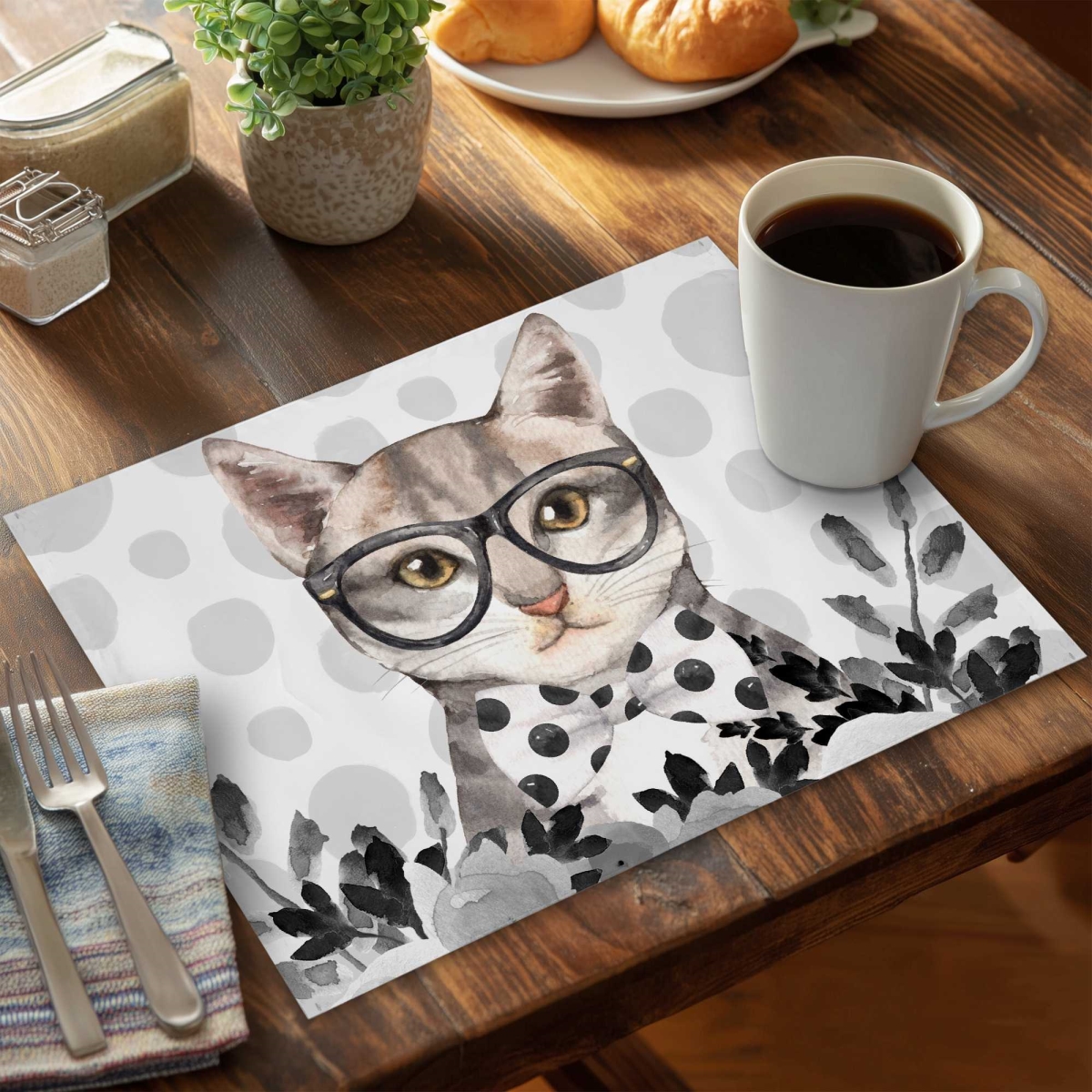 Picture of Begin Home Decor C4PP1418D8BLDP 14 x 18 in. Geek Cat Polyester Placemat for Stylish Decor - Fun Design - Set of 4