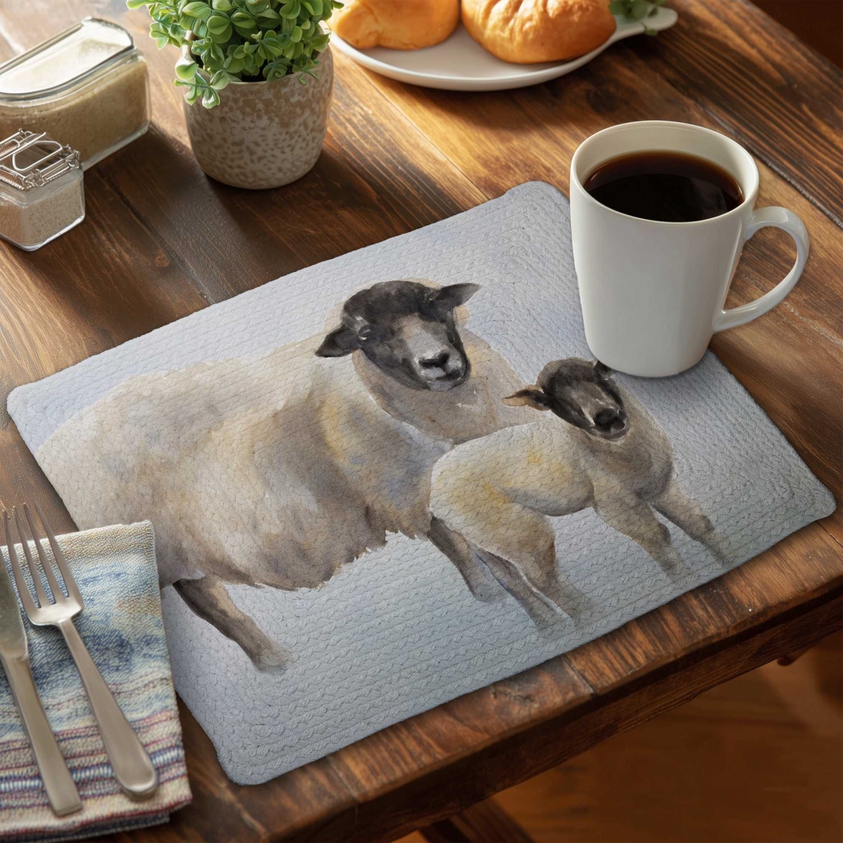 Picture of Begin Home Decor C4BP1418Y8B7TT 14 x 18 in. Sheep & Its Baby Braided Polyester Placemat for Home Decor - Set of 4