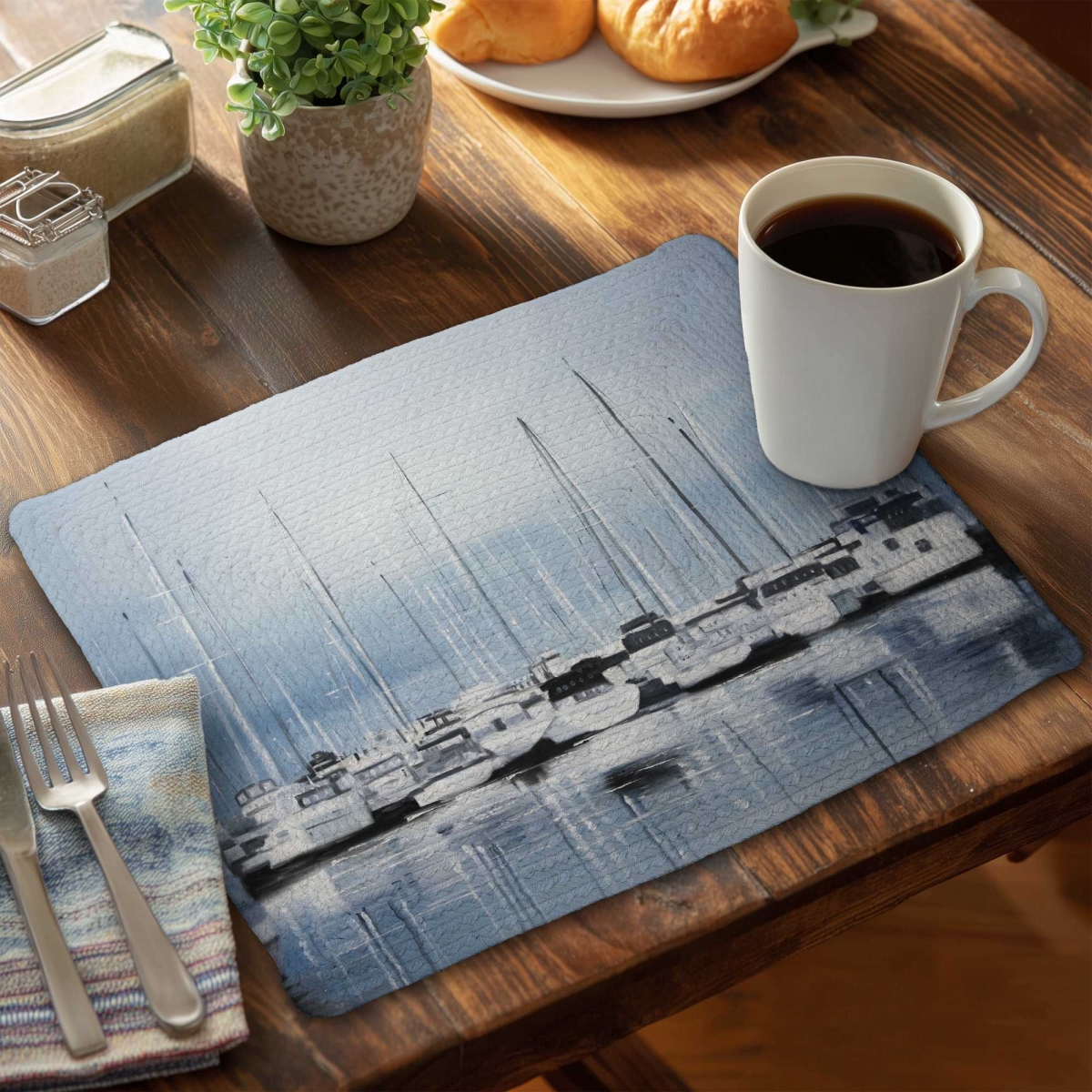 Picture of Begin Home Decor C4BP1418E8S7RR 14 x 18 in. Boats at the Dock 2 - Braided Polyester Placemat - Decor - Set of 4