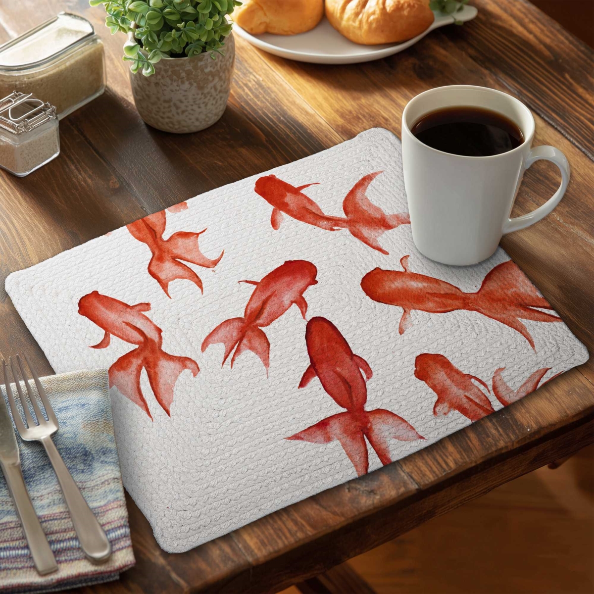 Picture of Begin Home Decor C6BP14181YBUA3 14 x 18 in. Red Fishes Braided Polyester Placemat - Home Decor Accent - Set of 6