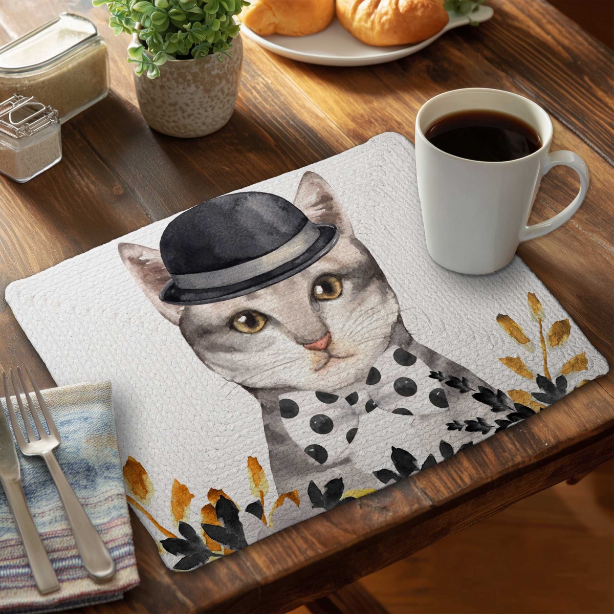 Picture of Begin Home Decor C6BP1418OG3FUV 14 x 18 in. Chic Cat Braided Polyester Placemat - Stylish Home Decor - Set of 6