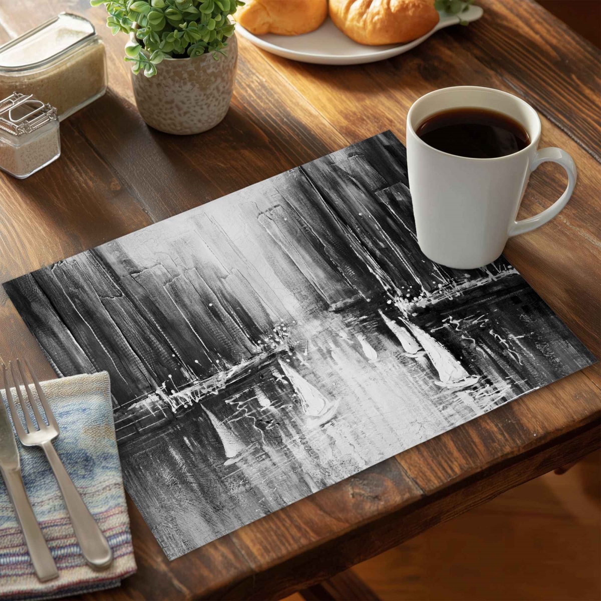Picture of Begin Home Decor C4PP1418CJDGM9 14 x 18 in. Grayscale Boats on the Water Polyester Placemat - Home Decor - Set of 4