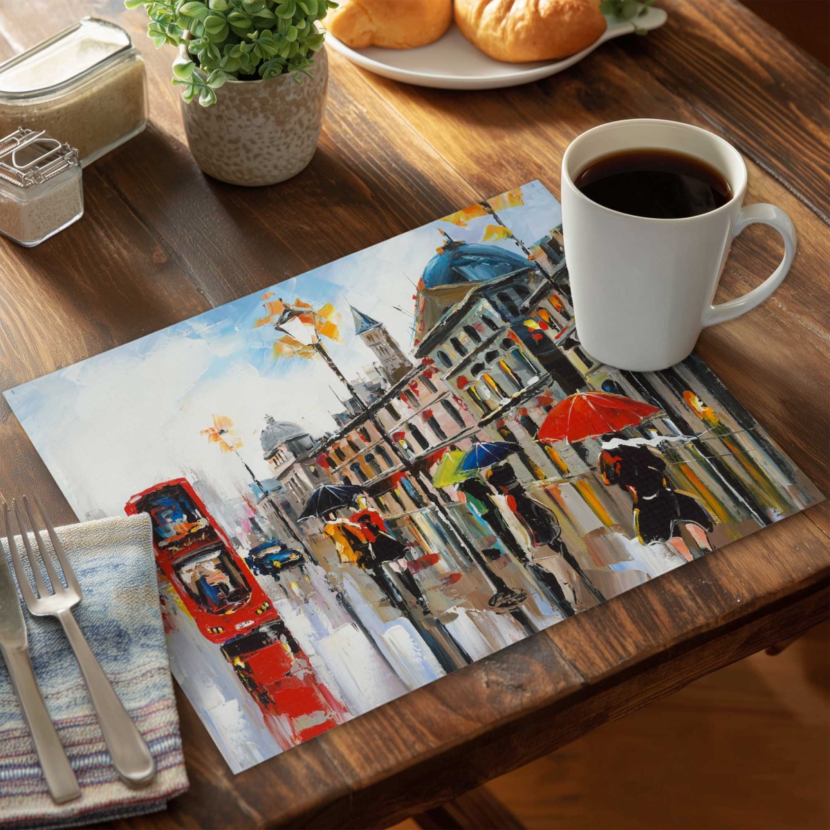 Picture of Begin Home Decor C4PP1418VRCK4I 14 x 18 in. Colorful Street with Red Bus Polyester Placemat - Home Decor - Set of 4