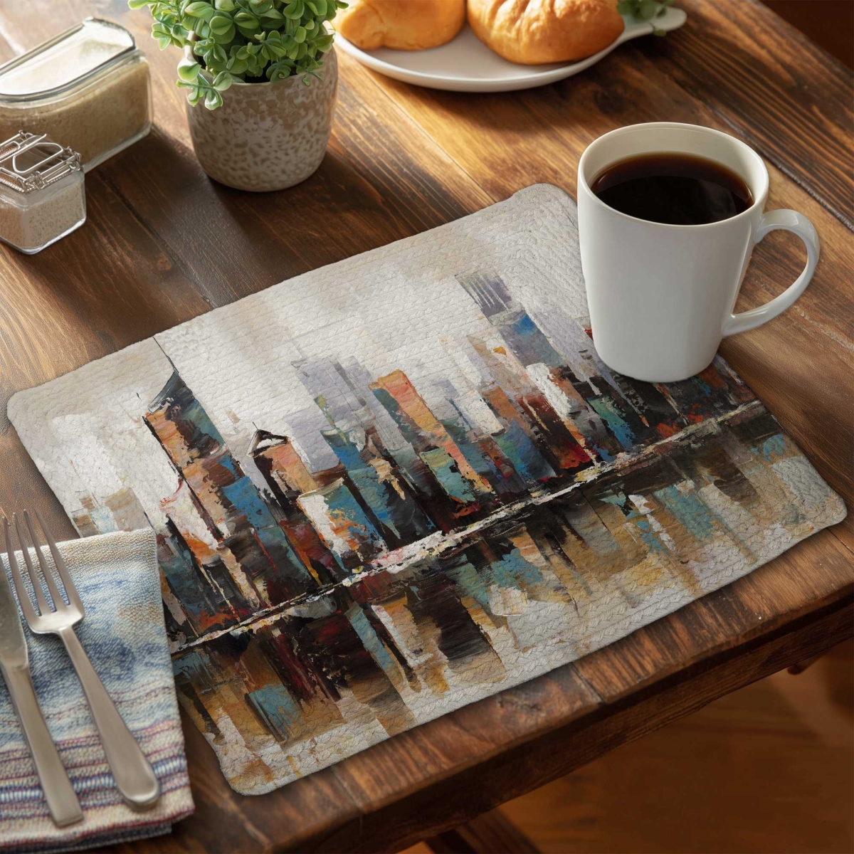Picture of Begin Home Decor C6BP14187W8C6P 14 x 18 in. Abstract Buildings Textured Braided Polyester Placemat - Set of 6