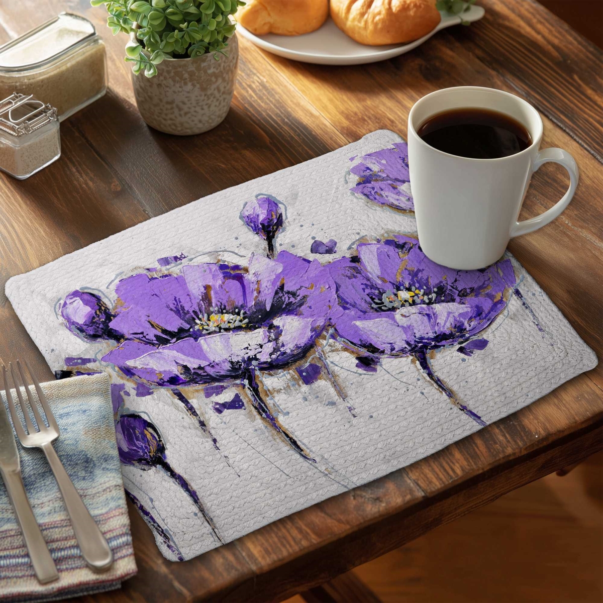 Picture of Begin Home Decor C4BP1418E636BP 14 x 18 in. Abstract Purple Flowers Braided Polyester Placemat - Decor - Set of 4