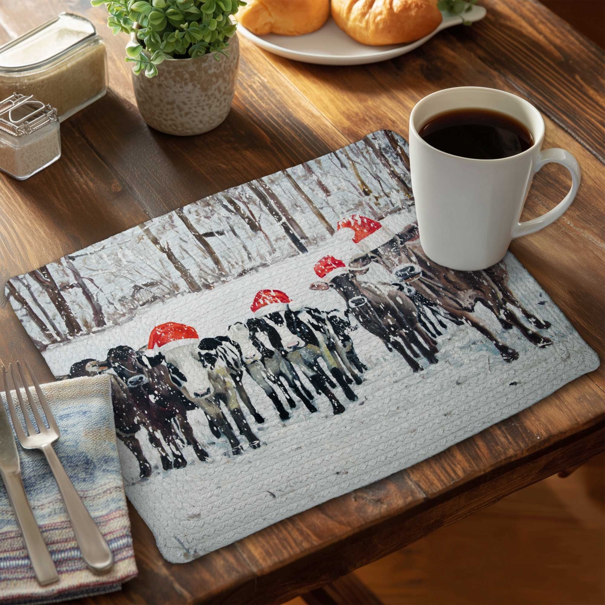 Picture of Begin Home Decor C4BP1418PG45MI 14 x 18 in. Curious Christmas Cows - Braided Polyester Placemat - Decor - Set of 4