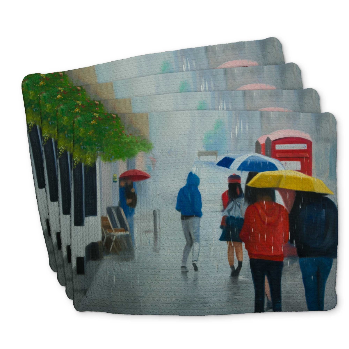 Picture of Begin Home Decor C4BP1418QOPQZ3 14 x 18 in. People Walking Under Umbrella Braided Polyester Placemat - Set of 4