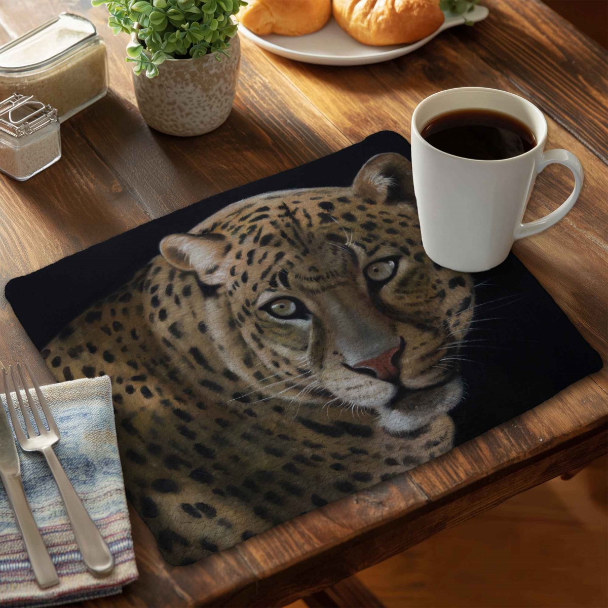 Picture of Begin Home Decor C4BP1418QU6NOC 14 x 18 in. Realistic Fierce Leopard Braided Polyester Placemat - Decor - Set of 4